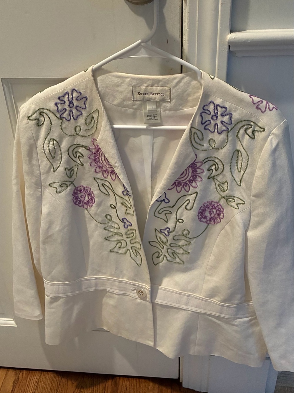 Susan Bristol Cream Cropped Blazer with Purple and Green Floral Embroidery